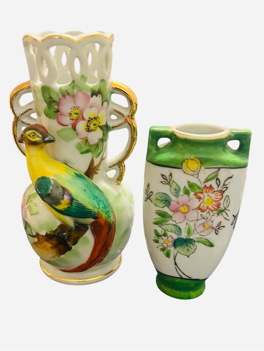 Vintage Occupied Japan 2 Porcelain Bud Vases Hand Painted Floral Design Peacock